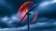© Mitchell - A modern wind turbine dramatically rotates against a stormy twilight sky, showcasing renewable energy and sustainable power generation concept for commercial use