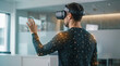 © Noura Gallery - Enterprise metaverse workspace featuring professional using virtual reality headset to interact with holographic data analytics