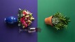 © singgih - Colorful Flower Bouquet and Potted Green Plant on Split Background.