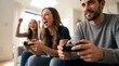 © Yellow Blossom - Happy group of friends playing video games together.