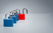 © tete_escape - Red unlocked padlock with triangle warning symbol stands among secure blue locks with copy space, illustrating a single point of failure, cybersecurity vulnerability and enterprise risk concept.
