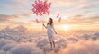 © Hafiz - Woman floating above clouds holding pink ribbon balloons at sunset
