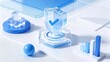 © wilson - Transparent blue glass shield with blue check mark on hexagonal podium with growth bar graph and geometric elements, cyber security data protection business technology concept