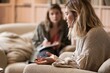 © Ryzhkov - Two women in a relationship counseling session with a supportive woman gesturing naturally in a warm, cozy room for mental health and healing