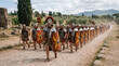 © Argiduna - Una legión de soldados romanos con armadura, escudos y estandartes marcha en formación por un camino de tierra junto a un fuerte de madera.