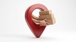 © Arafat - Hand holding cardboard boxes through a red map location pin isolated on white
