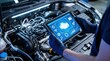 © Aposh003 - A mechanic utilizes a digital tablet displaying engine diagnostics within a brightly lit automotive repair shop vehicle diagnosis technology maintenance