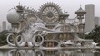 © Roger - Surreal fantasy gothic architecture building shaped like a giant ornate octopus with detailed stone carvings standing by calm water next to modern urban skyscrapers