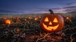 © MdAkram - Spooky glowing jack o lantern in a dark pumpkin patch for a festive halloween background image