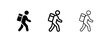 © liubomir118809 - Person walking with backpack icon set in solid, bold outline, and thin outline styles for travel and delivery.