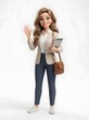 © vectpixert - Friendly businesswoman waving hello with tablet and bag on a white background