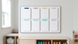 © Katerina - Classroom jobs chart mockup with eight blank vertical cards and colorful tabs displayed above a wooden storage cabinet