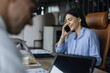 © be free - Successful business. Business coworker collaborate. Co-working space. Co-working environment with people working. Colleague work in modern business office with team vibe. Selective focus