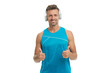 © be free - Fitness sportswear for man. Music and fitness lifestyle. Thumb up. Sport and fitness. Mature man in sportswear. Fit and active man workout isolated on white. Sporty man do sport with music