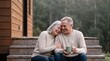 © AdPremium - Happy senior couple sitting on wooden cabin steps enjoying a hot drink together outdoors in nature