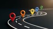 © BrilliantPixels - Colorful markers on a winding road path representing journey progress and future goals.