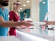 © Grace - A healthcare professional hands over a package to a colleague in a modern clinic. The two are wearing scrubs and appear to be in a medical setting, possibly a reception or ward area.