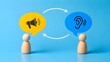 © ummu - Two-way communication and active listening concept featuring wooden figures with megaphone and ear icons in speech bubbles exchanging information