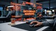 © Penelope - Cyber security threat showing data breach warning signs, compromised files, network vulnerability alerts, hacker attack simulation, red warning lights, digital danger