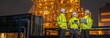 © BESTIMAGE - Technician teamwork consulting petroleum engineering in oil refinery project operation brainstorm at fuel industrial plant Three male Technicians using laptop and tablet at site during nighttime