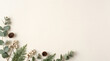 © Rafiqul Visuals - Minimalist christmas background with eucalyptus branches and pine cones on a soft beige surface with copy space