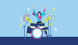 © MouSultana - Energetic female drummer playing a drum kit with enthusiasm on a blue background, music performance concept.