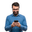 © Ayesha - Happy bearded man in glasses using a mobile phone isolated on transparent background
