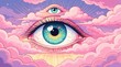 © miss irine - Surreal illustration of giant blue eye among pink clouds in pastel sky. Mystical third eye floats above main eye in dreamy dreamscape. Abstract art concept for spiritual vision, mental awareness,