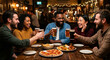 © betania - Diverse Group of Happy Friends Toasting with Beer and Eating Pizza at a Cozy Pub