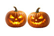 © Bright Stock - Halloween jack o lanterns pair isolated PNG, two smiling carved glowing pumpkins on transparent background, autumn festive decorations