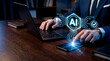 © Zucide - Close-up photo of business leader at an office desk managing data privacy AI governance on decentralized blockchain audit using laptop and mobile phone