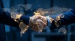 © Pixels Stock - Business handshake with glowing world map overlay representing global corporate partnership international trade agreement network connectivity economic deal venture.