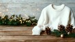 © Larisa AI - A cozy white sweater displayed on a rustic wooden table, decorated with pinecones and greenery, evoking feelings of warmth and comfort during the holiday season.