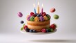 © Sergey Fedchenko - Colorful Birthday Cake with Candles and Surrounding Fruits and Pastries