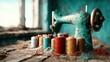 © Larisa AI - An antique sewing machine sits proudly amid vibrant spools of thread, showcasing the charm of craftsmanship and creativity in a rustic artistic environment filled with nostalgia.