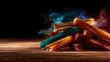 © Larisa AI - Artistic image featuring a stack of colorful candies against a dark smoky background, highlighting the playful and whimsical nature of confectionery treats.