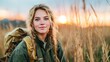 © Larisa AI - A young woman with braids and an adventurous spirit stands in a golden field during sunset, radiating confidence and a strong connection with nature’s beauty around her.