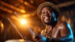 © Larisa AI - A joyful drummer energetically playing drums in a vibrant setting, radiating happiness and passion for music while wearing a decorative straw hat.