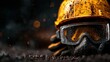 © Larisa AI - A close-up image of a worn yellow hard hat and goggles, highlighting the environment of a coal mine, emphasizing safety equipment in challenging working conditions.