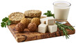 © David - Isolated plant-based meat substitutes, tofu cubes, and non-dairy milk on a wooden board