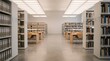 © SibteHUSSAIN - Symmetrical modern library archive interior with organized white shelving, study desks, and bright ceiling lig — a professional background for corporate training videos, webinars, and virtual meetings