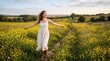 © Robson - A joyful woman in a white linen dress and boots walks through a vibrant field of yellow wildflowers on a sunny hill, nature, summer, freedom, bliss.