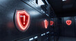 © Thimira - glowing red shield icon on industrial control panel to represent cybersecurity threat alert, network intrusion warning, and data protection status