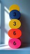 © zhuan - Vertical stack of colorful round blocks numbered 3, 3, 5, 6 against a pale wall with window light and soft shadows, playful bright minimalist still life