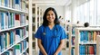 © ZHMPRO - Friendly young female nurse of Indian ethnicity standing in library aisle with stethoscope in blue professional scrubs.