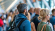 © Nataliya - Busy airport with long queues at passport control, faceless people standing in crowded group waiting for immigration and customs, sharp focus on back view of line, with copy space