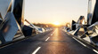 © MSTTAHEERA - Asphalt road leading to a golden sunset with abstract geometric crystal structures on sides