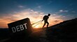 © Alamin - Silhouette of a person walking uphill, pulling a heavy black block labeled with the word debt, against a sunset sky with orange and blue clouds