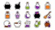 © Shakil - Set of colorful magic potion bottles and witchcraft equipment stickers for halloween decoration