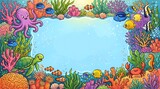 Colorful underwater ocean scene with a central copy space surrounded by tropical fish coral and sea creatures